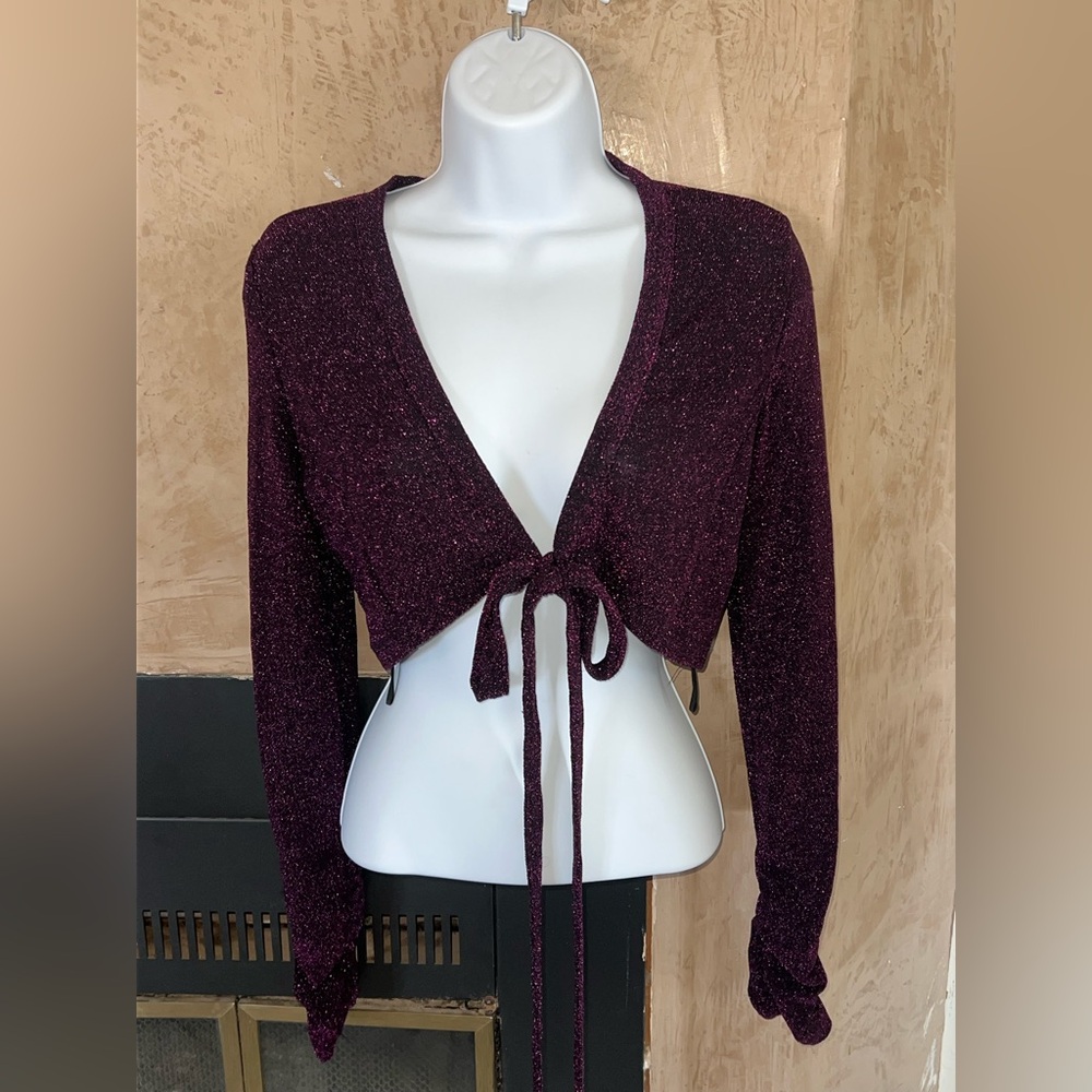 Haute Monde Sparkly Deep Plum Tie Front Crop Top - Size Small